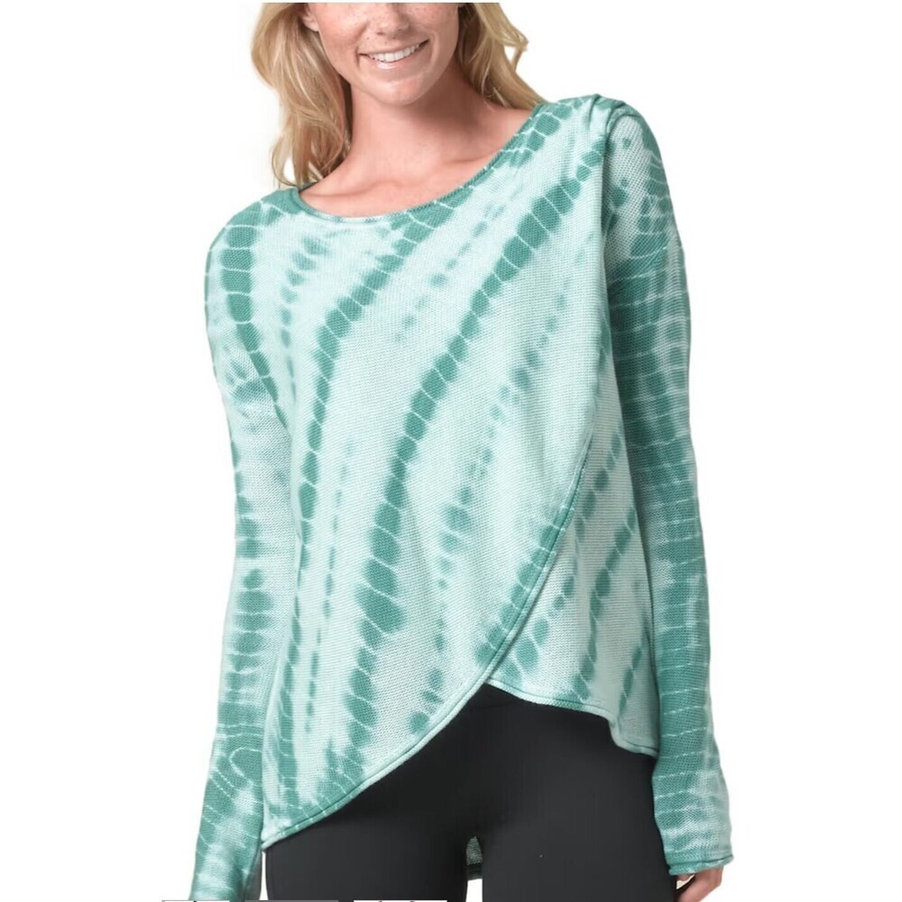Prana Wrap Sweater Women XS Juliana Teal Tie Dye Relaxed Organic Cotton Yoga